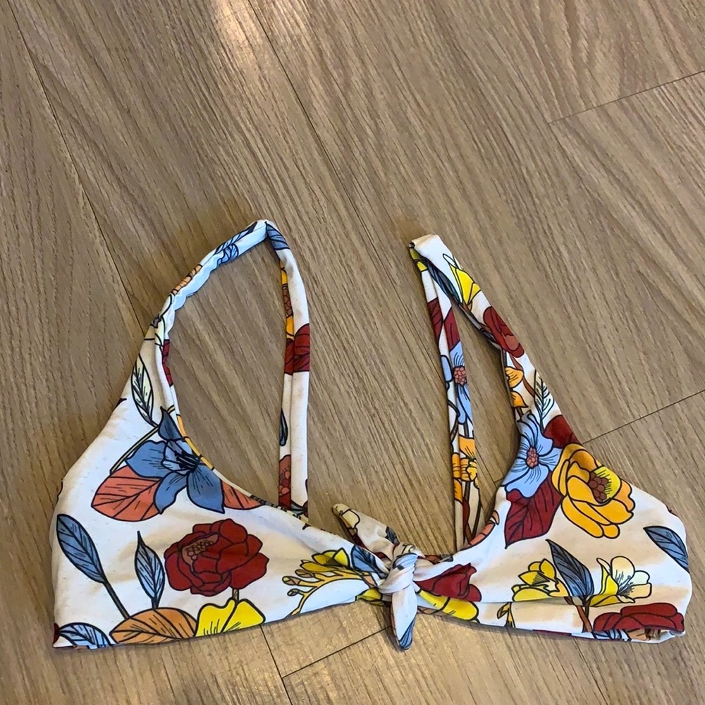 Stone Fox Swim Floral Tie-Front Bikini Top in White, Red, Yellow, Blue